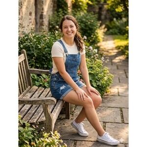 Old Navy‎ Womens Distressed Denim Shortalls Medium Wash Blue Jean Overalls M
